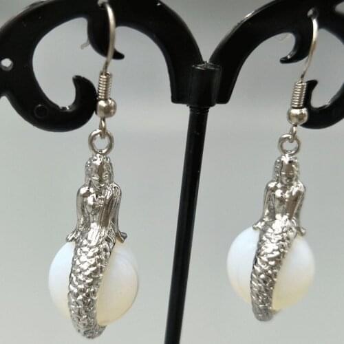 Free Shipping Women Fashion Jewelry 14mm Opalite Opal Mermaid Spherical Beads Dangle Earrings C5317