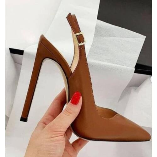 Moraima Snc Brown Leather High Heel Shoes Sexy Slingback Thin Heels Woman Pumps Fashion Runway Stiletto Heels
