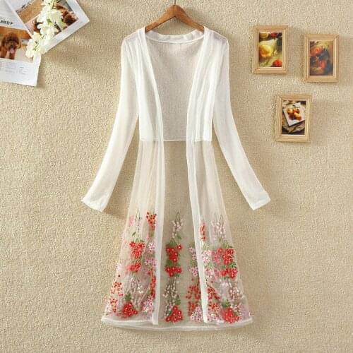 2019 Summer Autumn Women Floral Embroidery Cardigan Casual Loose Thin Lace Cardigans Female Hollow Out Long Coat Jacket AB1442