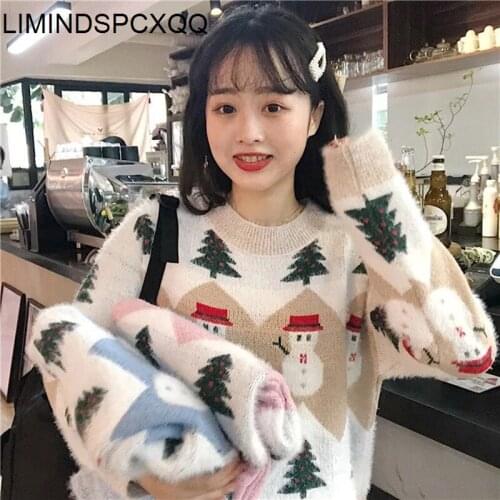 2021 Fall Winter Imitation Mink Velvet Printed Christmas Western Style Sweater Women Korean Version Loose Pullover Sweet Sweater