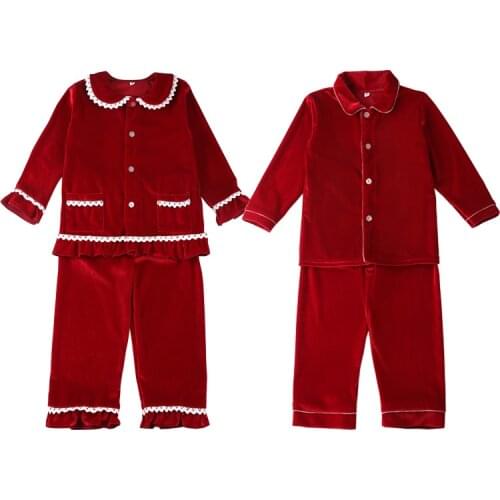 2021 Christmas Red Velvet Pyjamas Boys And Girls Sleepwear Button Up Pjs Children Nighty Two Piece Pijama