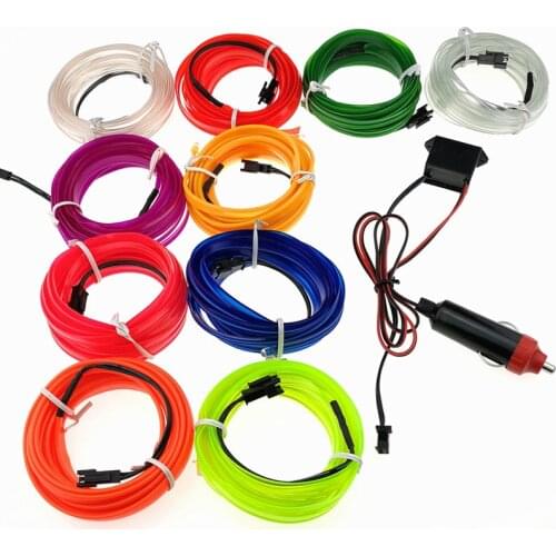 3M 9FT 8mm Sewing Edge Neon Light Car Decor Lighting Flexible EL Wire Rope Tube LED Strip Car 12V Cigarette Lighter Socket Plug