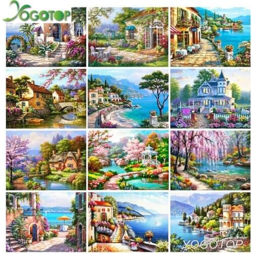 5D Diy Diamond Painting seaside garden House Diamond Embroidery Full Rhinestones Mosaic sakura Landscape Home Decoration YY1948