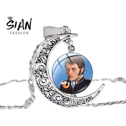 SIAN Classic Johnny Hallyday Photo Silver Color Necklace Rock Star Multistyle Glass Dome Crescent Moon Pendant Meaning Necklace