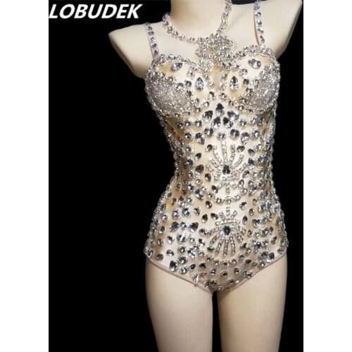 Sparkly Rhinestones Halter Bodysuit Sexy Clubs Women DJ Singer Stage Outfit Bar Party Show Dance Costume Glass Stones Bodysuits