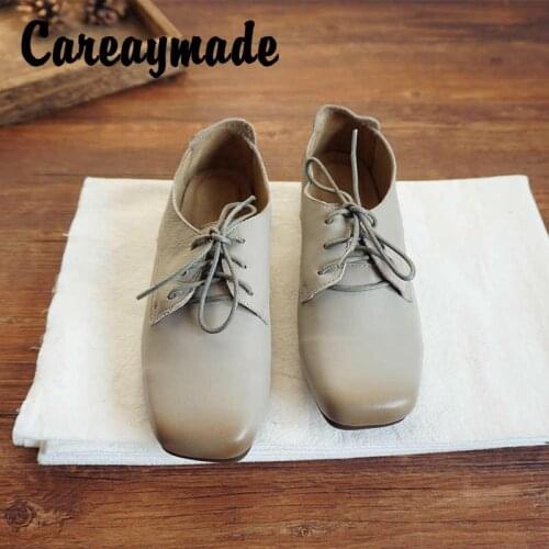 Careaymade-Vintage Square Head Handmade Leather Womens Shoes Leather Low Heel Lace-up British Casual Small Shoes