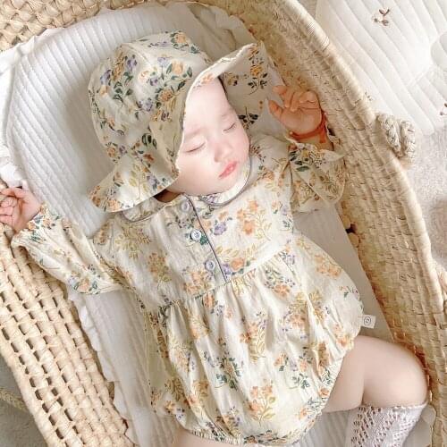 Newborn Baby Romper With Hat Girls Jumpsuit Floral Princess Baby Clothes For Girl Romper Infant Toddler Playsuit Outerwear 0-2Y