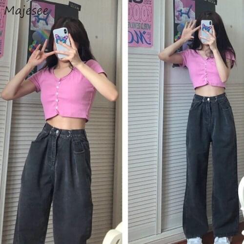 Jeans Women Adjustable Waist Wide-leg Washed Denim Simple Daily Students Streetwear Full-length Chic Ulzzang Casual Trendy New