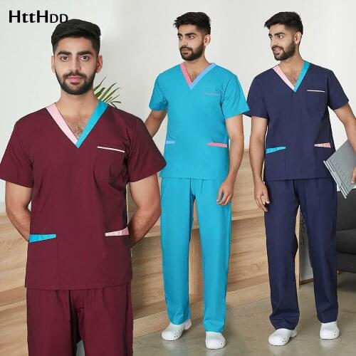 HTTHDD Mens Medical Uniform Spa Lab Short-sleeved Two-piece Scrubs Doctor Dental Clinic Pharmacy Hospital Work Surgical Gown