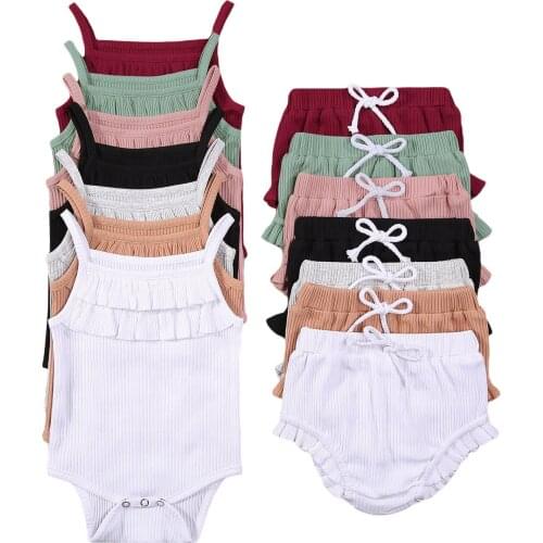 Newborn Baby Boys Girls Clothes Sets 2021 Summer Solid Color Sleeveless Ruffle Bodysuit + Shorts Casual Toddler Baby Clothes