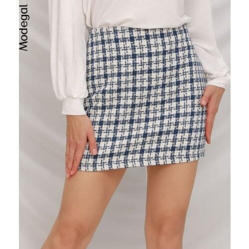 Modegal Womens Plaid Woolen Mini Skirts High Waited A Line Patchowork Tweed Vintage Casual Short Skirt