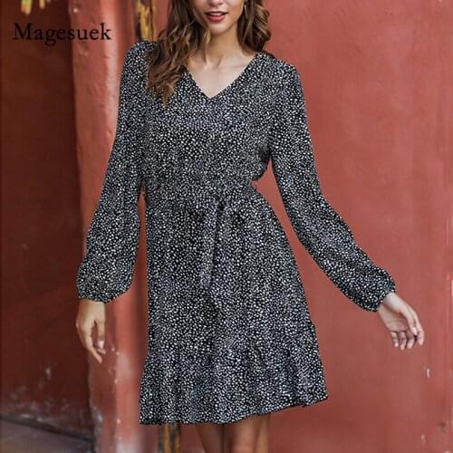 Fashion Black Dot Print Vintage Dress 2021 Spring Lace Up Knee-length Polyester Dress V-neck Dress Women Vestidos Feminino 12750