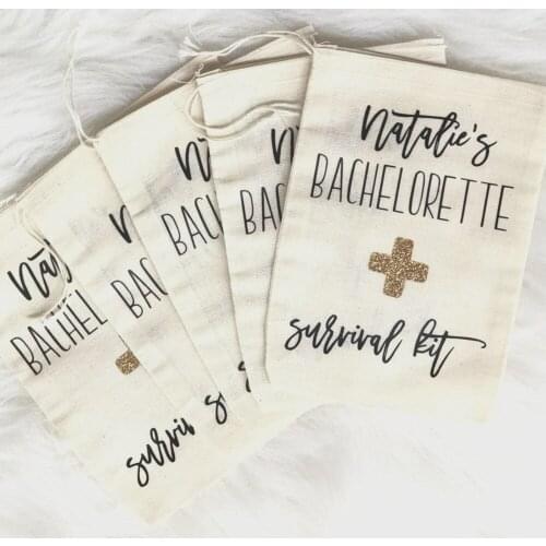 Bachelorette party survival kits, muslin bags, wedding favors, 5x7 muslin bag, hangovers kit, bridal party favor bags wedding