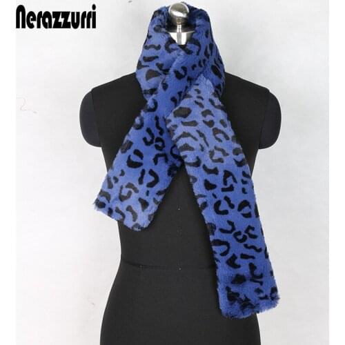 Nerazzurri luxury brand designer leopard print scarf 2019 warm winter faux fur scarf women long rabbit fur stole neck scarf men