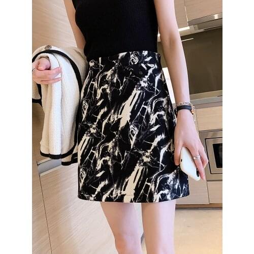 2020 new autumn high-waist thin a-line skirt with thick ink print skirt