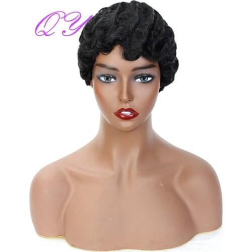 QY Hair Short Curly Wig Wigs for African American Finger Wave Synthetic Black Hair Wig Cosplay