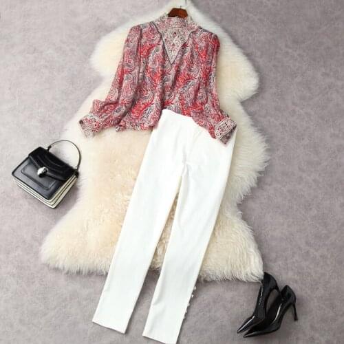 2021 Long-sleeved Cut-out Printed Shirt 7 Minutes of Pants Fashion Suits European and American Womens Wear for Spring