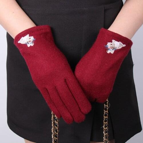 Cute Cartoon Rabbit Embroidery Wool thicken Windproof Cycling Mitten Winter Women Cashmere Warm Touch Screen Driving Gloves L30L