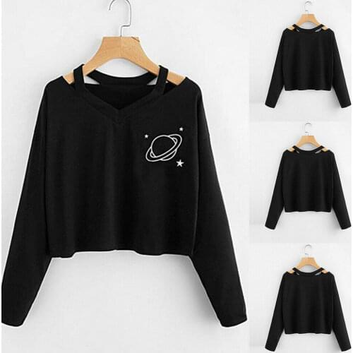 Hot Bandage print v-neck Women Long Sleeve Hoodie Sweatshirt Jumper Hooded Pullover Short Crop Tops