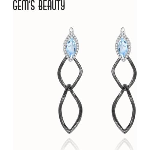 GEMS BEAUTY 925 Sterling Silver Natural Sky Blue Topaz Stud Earrings For Women Twisted Double Circle Handmade Stud Earrings