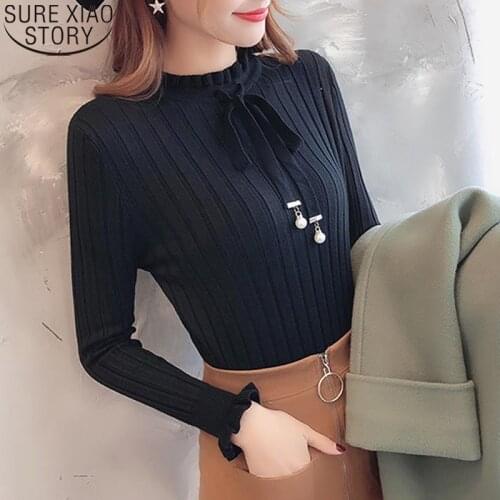 Pullover Sweaters Women Korean Fashion Solid Slim Fit Bottoming Shirts Ruffled Collar Long Sleeve Sweater Winter Clothes 10367