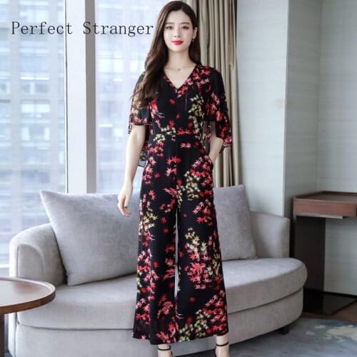 2021 Summer New Arrival High Quality Hot Sale V Collar Flower Printed Short Sleeve Women Chiffon Jumpsuit M-3XL