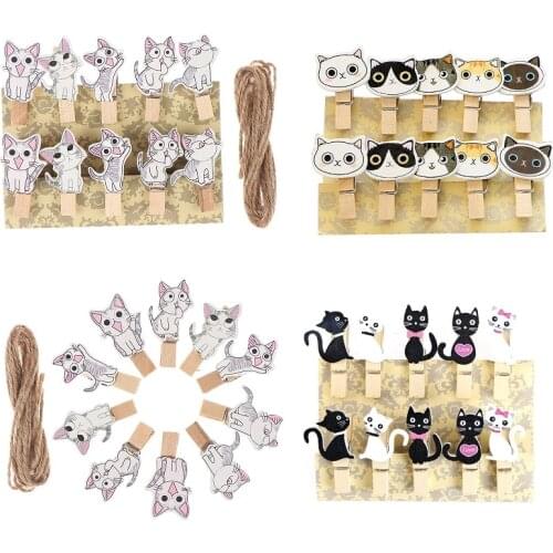 10 pcs/lot Kawaii Black and White Cat Wooden Clip Photo paper Clothespin Craft Clips Party Decoration Clip with Hemp Rope