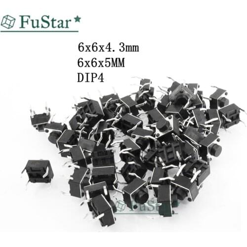 100pcs 6*6*4.3 6*6*5mm Panel PCB Momentary Tactile Tact Push Button Micro Switch 4 Pin DIP Light Touch 6x6x4.3 mm Keys Keyboard