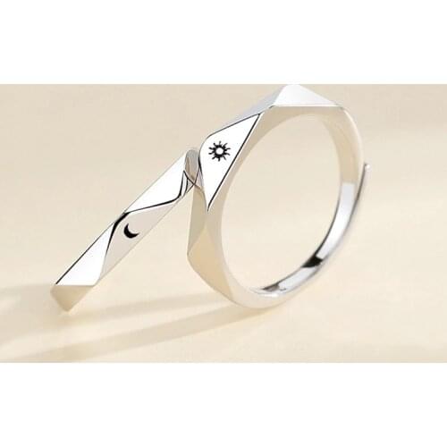 2 Pcs Sun Moon Lover Couple Rings Simple Opening Paired Rings for Lovers Men Women Wedding Engagement Valentines Day Jewelry