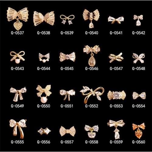 3PCS, Nail Art Bows Designs Zircon Pearls Jewelry Rhinestones With Gold Alloy For Nail Tips Decorations