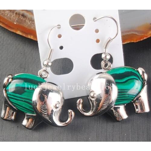Free Shipping Women Fashion Jewelry Beautiful Malachite Elephant Dangle Earrings Pair C4199