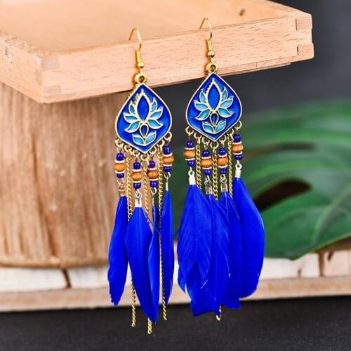 Bohemian Womens Blue Long Feather Earring Ethnic Wood Bead Tassel Geometric Rhombus Lotus Carved Dangle Earrings Indian Jewelry