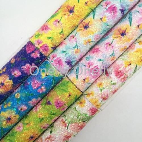 Onefly Wholesales Dropshipping Leather Supplier Flowers Printed Glitter Faux Vinyl Leather Fabric Felt Backing For Bow DIY FZ065