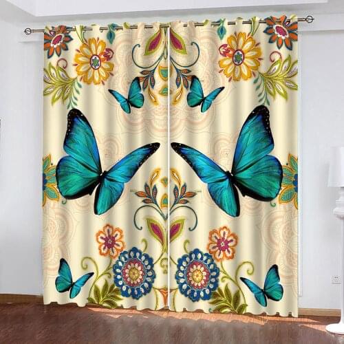 Beautiful Flower Blue Butterfly 3D Curtains For Living Room Bedroom Children Room Custom Size Decorative Blackout Curtain