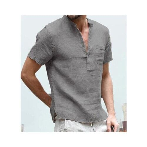 Summer New Style Stand-up Collar Buttoned Half-open Front Mens Simple Solid Color Loose Shirt