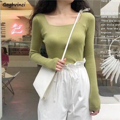 Women Long Sleeve T-shirts Knitted Slim Fresh Sweet Korean Style Sexy Square Collar Retro Basic Tops All-match Female Casual Ins
