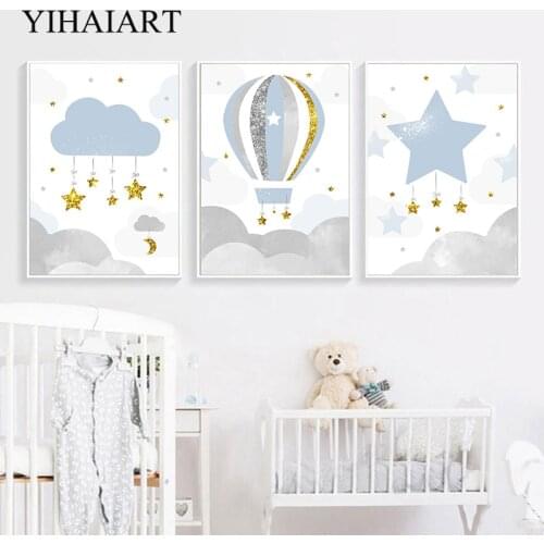 Baby Nursery Canvas Painting Cartoon Balloon Wall Art Print Starry Cloud Poster Nordic Kids Decoration Picture Boy Bedroom Decor