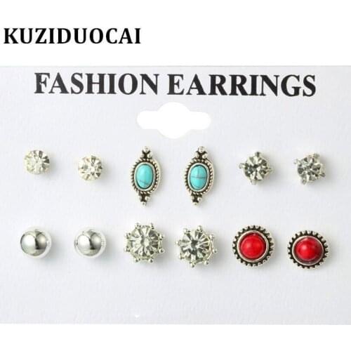 Kuziduocai New Fashion Jewelry Retro Metal 6 pairs/set Ancient Silver Color Stone Zircon Oval Ball Stud Earrings For Women