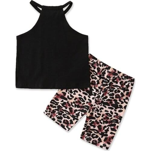 2 Pcs Infant Summer Outfits, Baby Girls Sleeveless Solid Color Halter Tank Tops + Leopard Print Shorts 1-6T