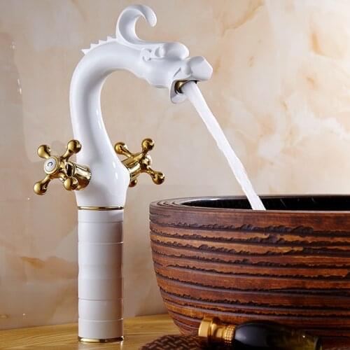 Copper antique dragon style bathroom sink basin faucet, European type basin faucet mixer hot and cold water tap white/gold/black