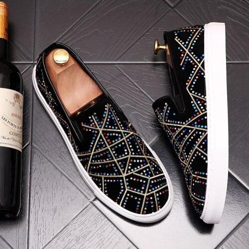 Fashion punk Men shoes slip on Casual Shoes velvet Rhinestone loafers men flat smoking shoes