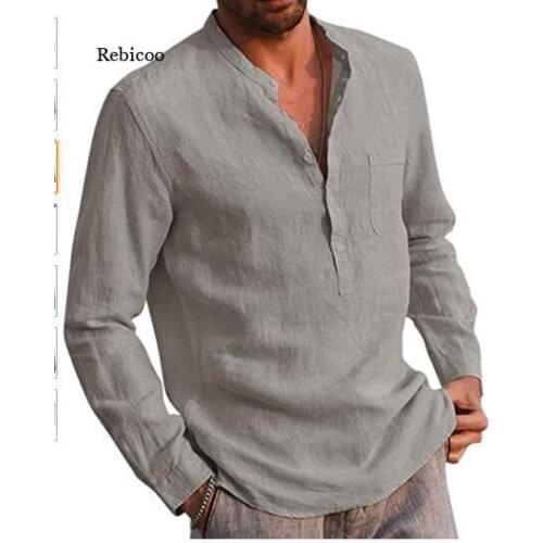 Mens Shirt Cotton Linen Solid Color Stand Collar Long Sleeve Shirt Smart Casual Men S Blouse Plus Size