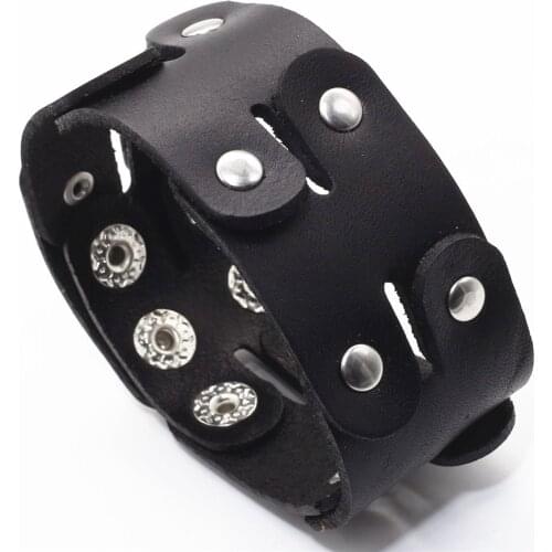 Geometric Black Rivet Wristband Retro Handmade Vintage Wide Leather Men Bracelets Cuff Bangle male Party Jewelry Gift
