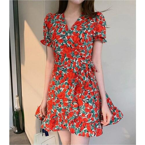 New Summer Beach Style Chiffon Dresses Women V Neck Slim Thin A Line Appliques Floral Lantern Sleeve Short Sleeve Dress Female