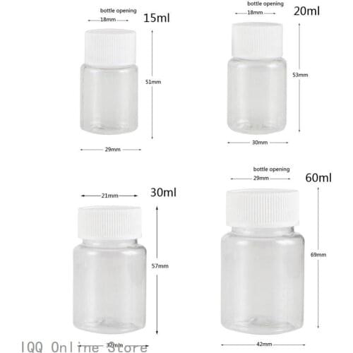 100Pcs 15ml/20ml/30ml/60ml Transparent Plastic PET Refillable Seal Bottles Vials Reagent store Container Plastic Screw cap