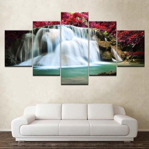 The waterfall red flowers landscape 5 piece Wallpapers modern Modular Poster art Canvas painting for Living Room Home Decor