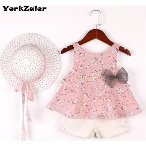 YorkZaler 3 PCS/set Summer Baby Girl Clothes Set Girls Clothing Set Sundress Sleeveless With Pearl Bow Dress + Shorts + Hat