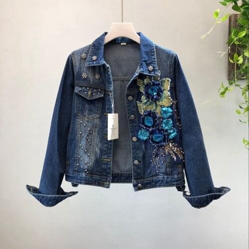 2019 Holes Short Denim Coat Girl Student All Match Coats Autumn New Fashion Short Jackets for Women Heavy Bead Sequins Flowers
