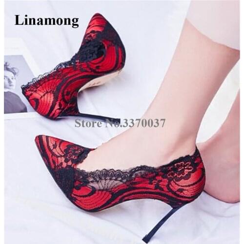 Linamong Pointed Toe Mesh Printed Metal Stiletto Heel Pumps 8cm 10cm 12cm Lace Red Purple White High Heels Wedding Dress Shoes