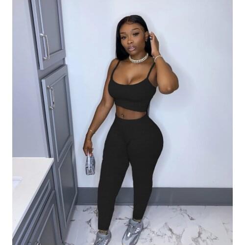 Imcute Fitness Sporty Workout Two Piece Sets Women Tracksuit Strap Active Wear 2Piece Outfits Crop Top Pants Solid Matching Sets